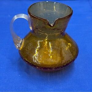 Vintage Mystic Hand blown Crackle Glass Pitcher in an Light Amber Gold Color